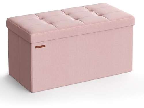 SONGMICS MAZIE Collection - Storage Ottoman Bench, 76 cm Folding Foot Rest Stool, End of Bed Bench, Easy Assembly, for Living Room, Bedroom, Entryway, Jelly Pink LSF047R51