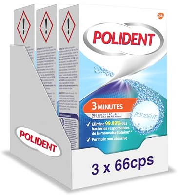 POLIDENT - Nettoyant 3 Minutes Pour Prothèses Dentaires Complètes ou Partielles - Action 4 en 1 - Elimine 99,9 % des Bactéries Responsables de la Mauvaise Haleine - Lot 3 x 66 Comprimés