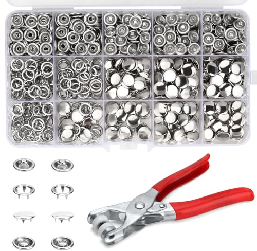 MirraSwit 200 Sets Botones de Presion con Alicate, 9.5mm Corchetes de Presion Metalicos, Snaps Metalicos, Kit de Botones a Presion para Costura de Ropa, Cuero, Tela, Cinturones, Manualidades DIY
