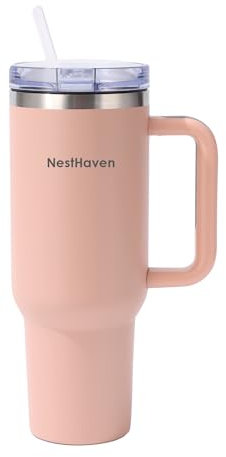 NestHaven® Tasse de voyage avec paille et couvercle, isolation sous vide à double paroi en acier inoxydable pour café chaud et froid, bouteille d'eau, thermos avec poignée - 1182 ml - Rose