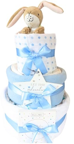 Welcome to The World New Baby Boy Gift Blue for New Parents & New Born Baby Boy 3 Tier Nappy Cake Guess How Much I Love You Baby Gift Hampers