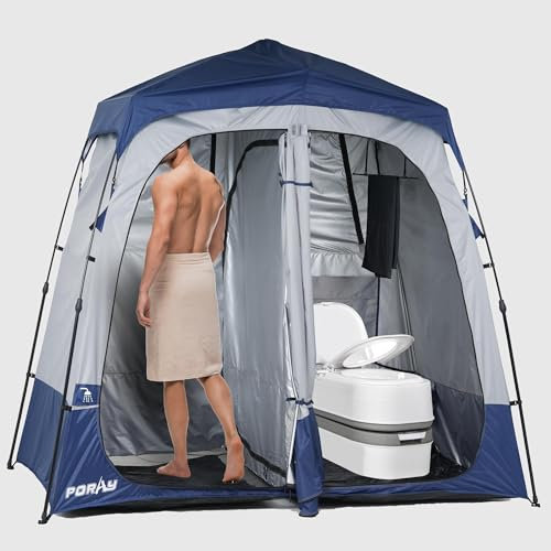 Porayhut Portable Camping Shower Tent Deluxe Changing Room Easy Set Up Privacy Shelter,Large Toilet Tent 2 Rooms with Floor Drain Design for Beach, Camping,Hiking with Stakes and Ropes for Stability