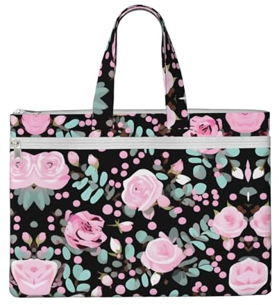SDEGTHO Cute Rose Mix Leopard Zippered Document Bag With Handle For Carrying Paper Files Books Filing Folder