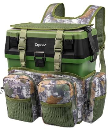 Crystals Fishing Tackle Box & Rucksack Seat, Lure Storage Case, Organizer with Padded Seat & Straps, Fly Sea Coarse Fishing Backpack, Tackle Storage (Fishing Tackle Box with Rucksack)