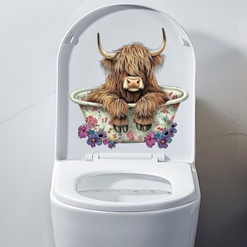 Iprokiu Witziger Tier-Toilettensitz-Aufkleber, wasserdicht, Cartoon-Motiv, Hund, Katze, Toilettensitz, Deckel, Aufkleber, Dinosaurier-Ente, Waschraum, Badezimmer, Wandaufkleber, Badende Kuh
