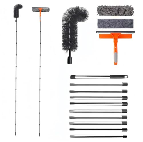 3,85 m Teleskop Fensterwischer Abzieher Set – Fensterabzieher, Mikrofasertuch & Chenille-Reinigungspads & Dachrinnenreiniger – Fensterputzer für hohe Fenster innen & außen, Glas, Auto und Regenrinne
