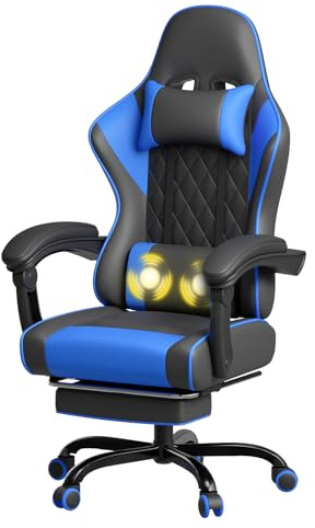 JUMMICO Sedia da Gaming Massaggiante Ergonomica, Poltrona Gaming con Poggiapiedi Telescopico, Cuscino Lombare Vibrazione e Poggiatesta, Schienale Reclinabile 90-135°, Portata 150 kg, blu