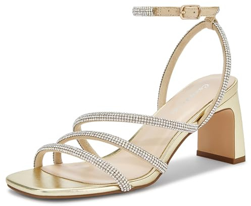 CosyFever Womens Rhinestone Heels, Square Toe Ankle Strap Block Heel Dress Shoes for Wedding & Party