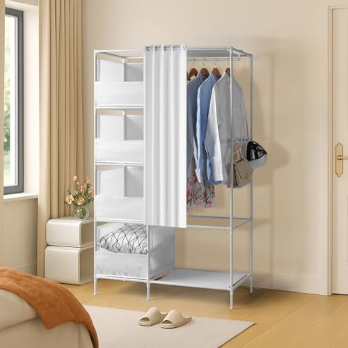 Bonnlo Armoire Tissu avec Penderie et Étagères, Stable, Armoire de Rangement, 170 x 105 x 45 cm, Beaucoup de Rangement, Pliable, Blanc (170 x 105 x 45 cm - Blanc)