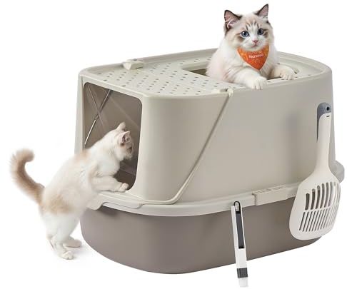 Feandrea Arenero para Gatos XXL, Caja de Arena con Tapa, Paleta y Cepillo, para Gatos de hasta 15 kg, Color Avena y Gris Cálido PPT011LH01