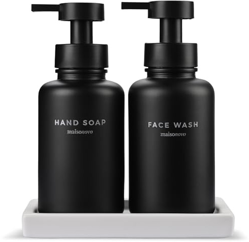 MaisoNovo Dispenser per sapone in schiuma in vetro 400 ml | Vetro nero Pompa nera + Vassoio in ceramica