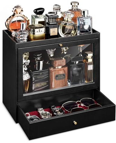 Emfogoo Organizador de perfume, soporte de perfume de cuero para hombre con cajón, estante para perfume con tapa transparente visible, caja de almacenamiento premium para fragancias, cosméticos y