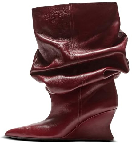 Aorikro Slouchy Mid Calf Boots For Women Pointed Toe Wedge Heels Slouch Pull On Wide Calf Boots Burgundy