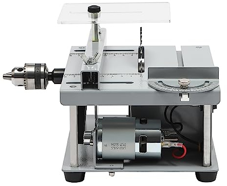 Mini sierra circular de mesa, 96 W, minisierra circular multifuncional, sierra circular de mesa de precisión con fuente de alimentación ajustable de 7 velocidades, pequeña sierra circular de mesa para