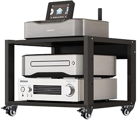 Kraftigt 1-nivås mediestereostativ, justerbart svart ljudkomponentställ, TV-tillbehör och videospel/DVD-hållare, hylla för skivspelarkonsol (H45 cm)