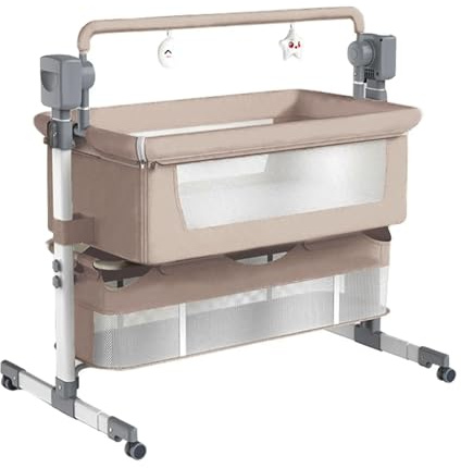 Oubeauou Smart babysängsäng, grå kolstål liggdel med automatisk gunga, 3-växlad timer, justerbar höjd, elektriska och manuella lägen, fjärrkontroll (BEIGE)