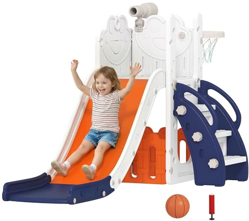 Tobogán infantil AIYAPLAY, conjunto de tobogán para niños pequeños 5 en 1 con canasta de baloncesto, juego temático de rana para exterior e interior con estructura para trepar, telescopio y caja de