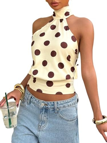 GORGLITTER Y2k Top de verano para mujer con cuello halter con estampado de lunares, sin mangas, para el tiempo libre, ceñido, parte superior sin espalda, amarillo, M
