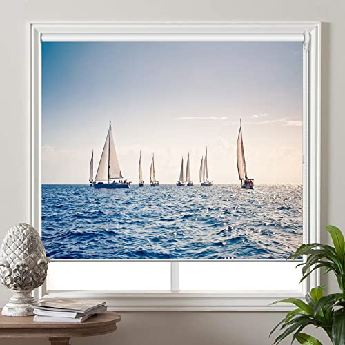 PASSENGER PIGEON Blackout Cordless Window Shades, Custom Made Light Filtering Motorized Printed Roller Blinds, Roller Shades with Picture, Sailboat