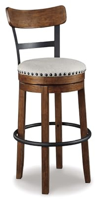 Signature Design by Ashley Valebeck | 30″ Farmhouse Pub-Height Swivel Barstool With Back For Kitchen Island– Upholstered Cushion, Nailhead Trim, Metal & Wood Frame, Brown Island Chairs