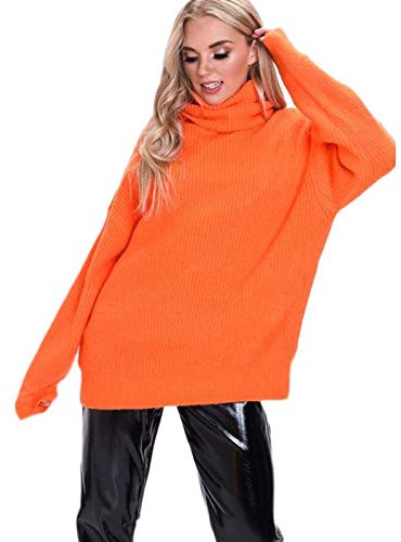 Crazy Girls Womens Polo Neck Tunic Jumper, Neon Orange, ML (UK 12-14)