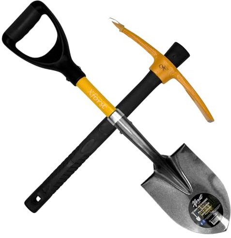 Xforst Set de Jardinage avec Pioche et Mini Pelle, avec des Manches en Fibre de Verre et têtes en Acier Forge. Solides et légères. Idéale pour Le Jardinage, la randonnée et la Prospection.