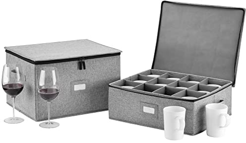 Wine Glass Storage and Cup Storage Case - Set of 2 Stackable Containers with Fully Padded Interior and Outside Hard Shell - 12pcs per Box with Insert Cards for Labelling and Side Handles