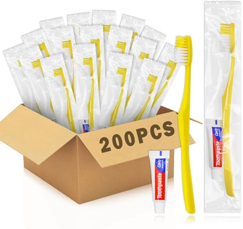 Xuezoioy Disposable Toothbrushes with Toothpaste,200 Pack Yellow Hollow Individually Wrapped Disposable Travel Toothbrushes Kit in Bulk for Homeless,Nursing Home,Hotel,Charity