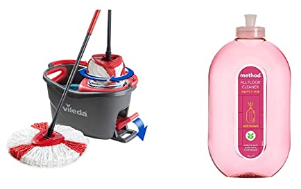 Vileda Turbo Microfibre Mop and Bucket Set, Spin Mop for Cleaning Floors, Set of 1x Mop and 1x Bucket, Eco Packaging & Method Floor Cleaner, Wild Rhubarb, 739 ml