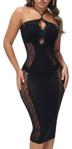 XIUSEMY Vestido de lencería sexy para mujer, cuello halter, babydoll, vestido ajustado de peluche, ropa de dormir, Negro -, Talla única