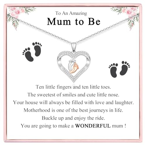 JETBON Regalo para futura mamá - Regalo de embarazo para futura madre, collar de plata con corazón en forma de pies de bebé para mujer, madre, madre, primera vez, regalo de maternidad, Zirconia