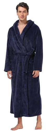 MissNina Men's Plush Hooded Bathrobe Winter Warm Fleece Robes Soft Flannel Long Robes with Pockets, Full Length