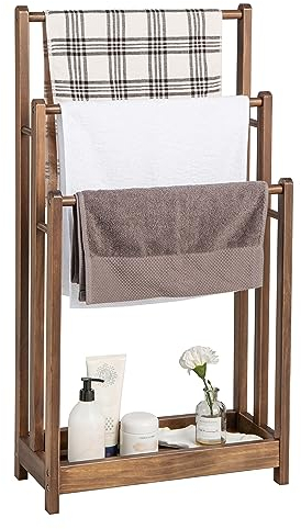 LIFEZEAL Porte-Serviettes sur Pied en Bois avec 3 Barres et Étagère, Sèche Serviette sur Pied, Support pour Serviettes Salle de Bain, 45 x 22 x 86 cm (Marron)
