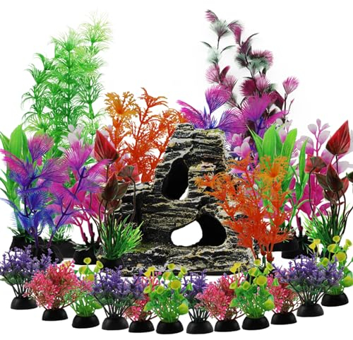 QUOZUO 25 Stück Aquarium Pflanzen Deko, Aquarium Zubehoer Bunt Künstliche Pflanzen mit Harz Höhle Fisch Tank Ornamente Dekoration