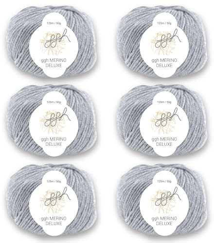 ggh Merino Deluxe – weiche Merinowolle zum Stricken – 300 g Garnset (6×50 g) – extrafine Merino Garn – Farbe 005 - Grau
