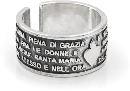 Anello Ave Maria Fascia 10 mm in Argento Sterling 925 Finitura Lucida e Brunita con Preghiera per la Madonna in Rilievo, Gioiello Religioso Argento