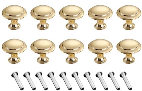 JIHUOO Lot de 10 boutons de porte ronds de 23 mm pour placard de cuisine, tiroir, salle de bain, commode de ferme, armoire décorative avec 20 vis dorées