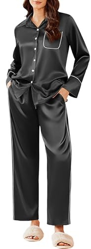 Ekouaer Silk Pajamas for Women Satin Pajama Sets Button Down Lounge Sets Silky Pajama Long Pants Sleepwear with Pockets Black