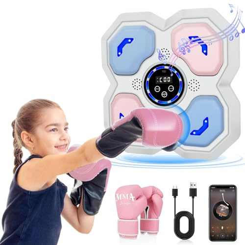 YORWHIN Music Boxing Machine med boxningshandskar, väggmonterad smart bluetooth musikboxer, träningsutrustning, punkteringsutrustning, dynor lämplig hemträning för barn (rosa blå)