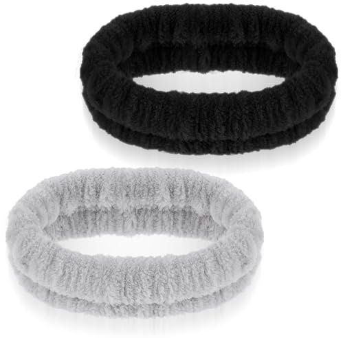 GEEHUA Lot de 2 bandeaux cosmétiques pour maquillage et lavage, bandeaux élastiques pour cheveux spa, bandeau démaquillant absorbant pour filles, femmes, yoga, sport, douche, exercices(noir+gris)