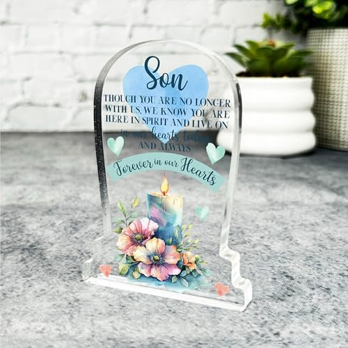Son Forever In Our Hearts Candle Memorial Gift Gravestone Keepsake Plaque | Acrylic Ornament Gift Memorial Remembrance Sympathy Keepsake Gift Custom Home Decor Gift, Small Trinket, Unique Present