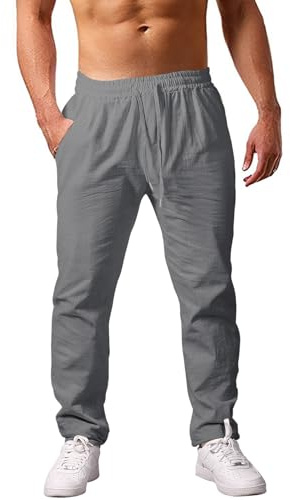 Voqeen Pantalones Lino para Hombre Colores Sólidos Pantalones de Playa Sueltos Ligeros Cordón Jogger Pantalones de Yoga con Bolsillos Uso Diario