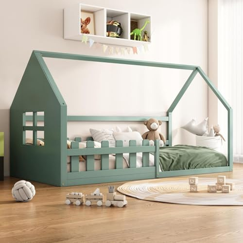 KOMHTOM Lit de Maison avec Barrières de Sécurité, Lit d'enfant avec Sommier à Lattes en Bois, Cadre de lit Chambres à Coucher(sans Matelas) (Vert, 90 x 200cm)