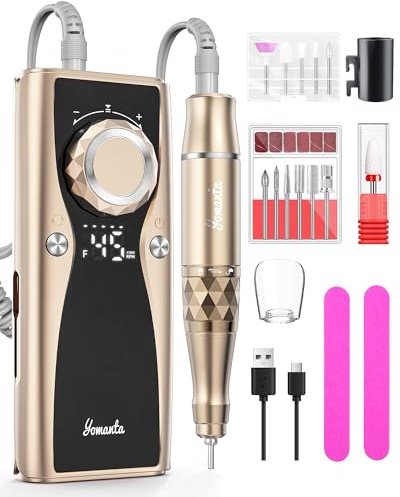 Torno para Uñas Profesional 45000 RPM, Portatil Pulidor Lima Electrica Uñas, USB Recargable 10H+ Duración de la Batería con 12 Bits, Torno de Uñas Inalambrico, Pantalla LCD, para Uñas de Gel - Champán