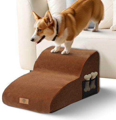 Eukue Hundetreppe 2 Stufen, Verlängert Hunderampe für Kleine Hunde und Katzen, Hochdichtem Schaum Haustiertreppe für Bett und Sofa aus, Tragbare Treppe für Hunde mit Waschbarem Bezug(Braun)