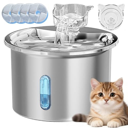 2L Stainless Steel Cat Water Fountain - Pet Drinking Fountain for Cats with 4 Replacement Filters, Cute Cat Head Water Outlet, Visible Water Level Dispenser & Window, Quiet Cats Drinker