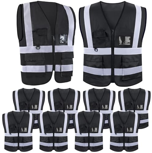 Bgtecho - 10 Pack Reflective Vests, High Visibility Black Reflective Vest, Construction Vest with Pockets and Zipper, Work Vests for Men and Women