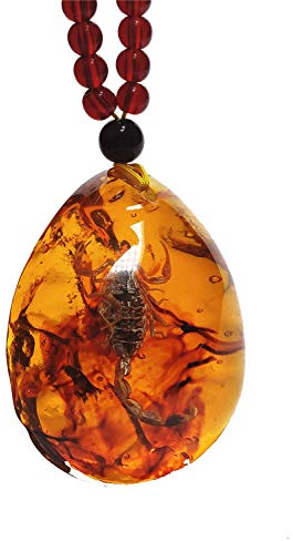 Yigedan - Collana con ciondolo a tema Re Scorpione, in ambra, con vero insetto