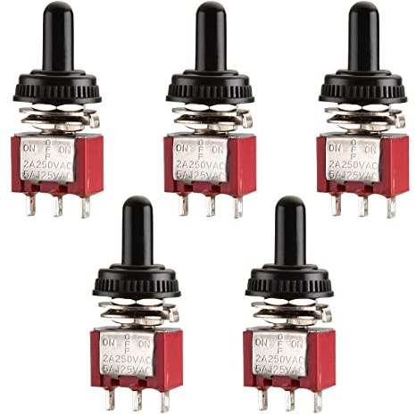 Heschen Mini interruptor de palanca momentánea MTS-123, (ON)-OFF-(ON) SPDT, 3 pines, 2A 250V, 5A 120V, con cubierta impermeable, paquete de 5