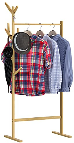 Casaria® Kleiderständer Holz Stabil Bambus Kleiderstange inkl. 8 Haken Offen Freistehend Garderobenständer 165x65cm Schmal Schlafzimmer Flur Garderobe